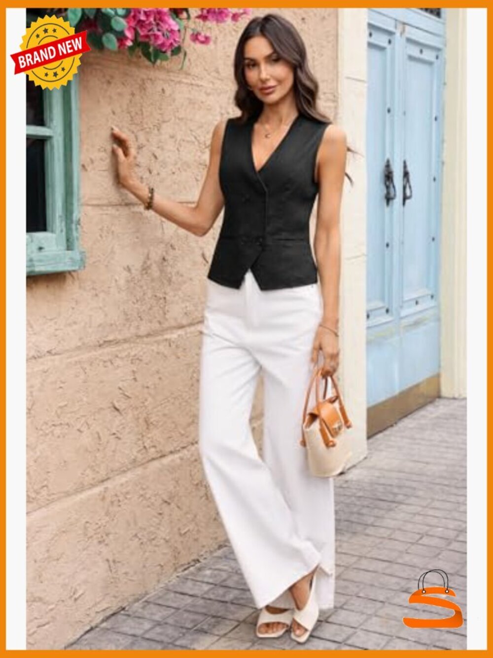 Linen V-Neck Double Breasted Back Tie Vest Sleeveless Waistcoat - Picture 6 of 7